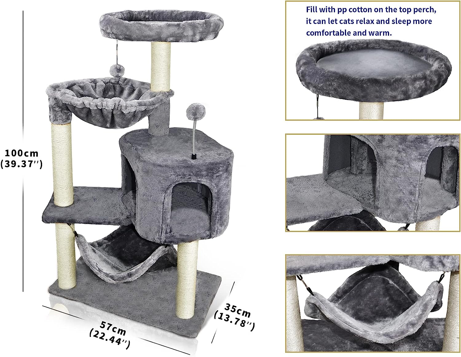 Newest Cat Tree with Cat Condo and Big Hammock, Grey
