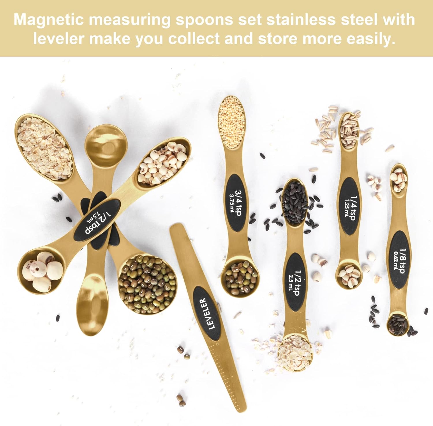 Magnetic Measuring Spoons Set Stainless Steel with Leveler, Stackable Metal Tablespoon Measure Spoon for Baking, Measuring Cups and Spoon Set Kitchen Gadgets Apartment Essentials Fits in Spice Jars ( 8 Pcs )