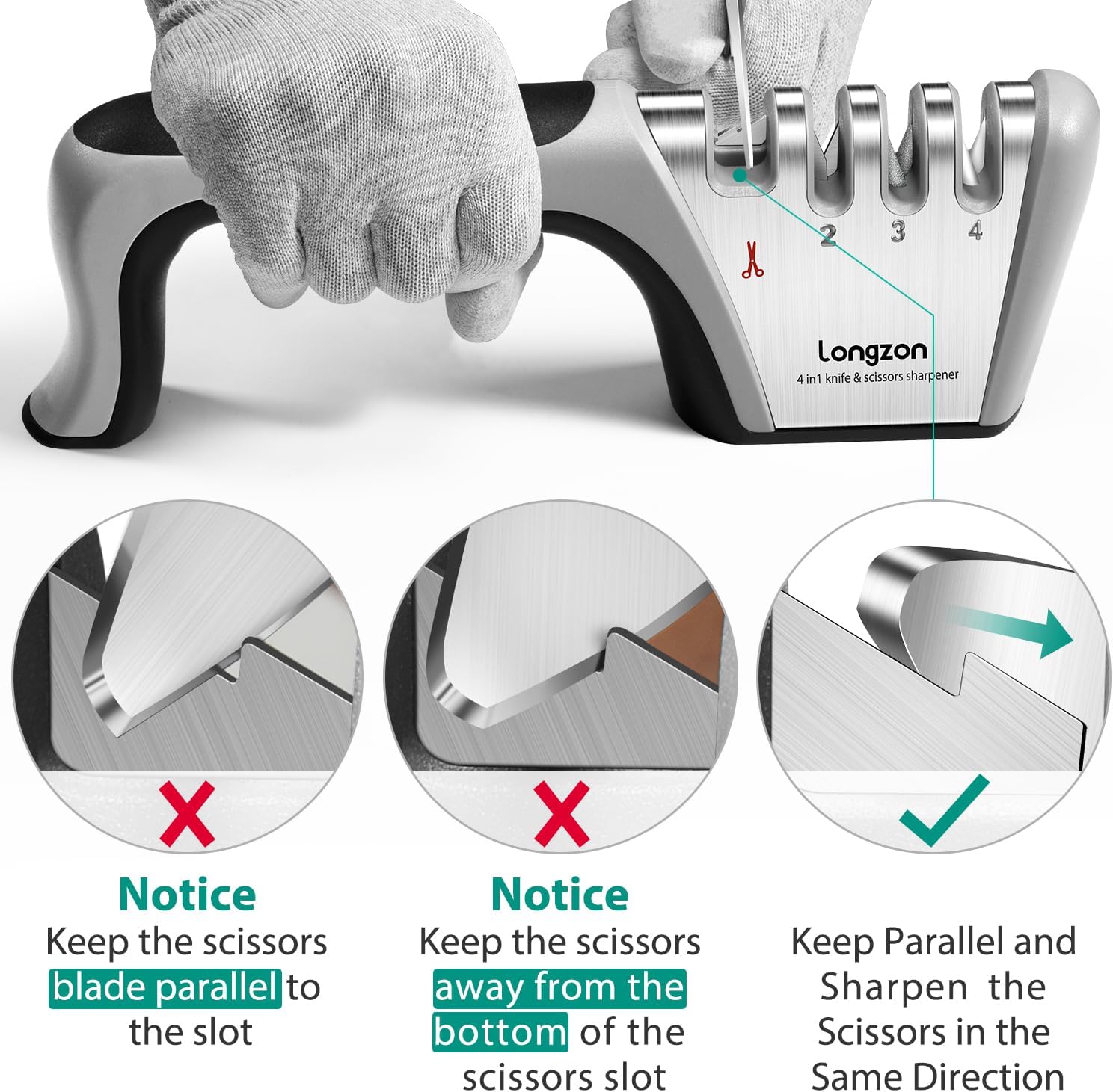 4-in-1 Knife Sharpener [4 stage] with a Pair of Cut-Resistant Glove, Original Premium Polish Blades, Best Kitchen Knife Sharpener Really Works for Fruit Knife and Steel Knives, Scissors.