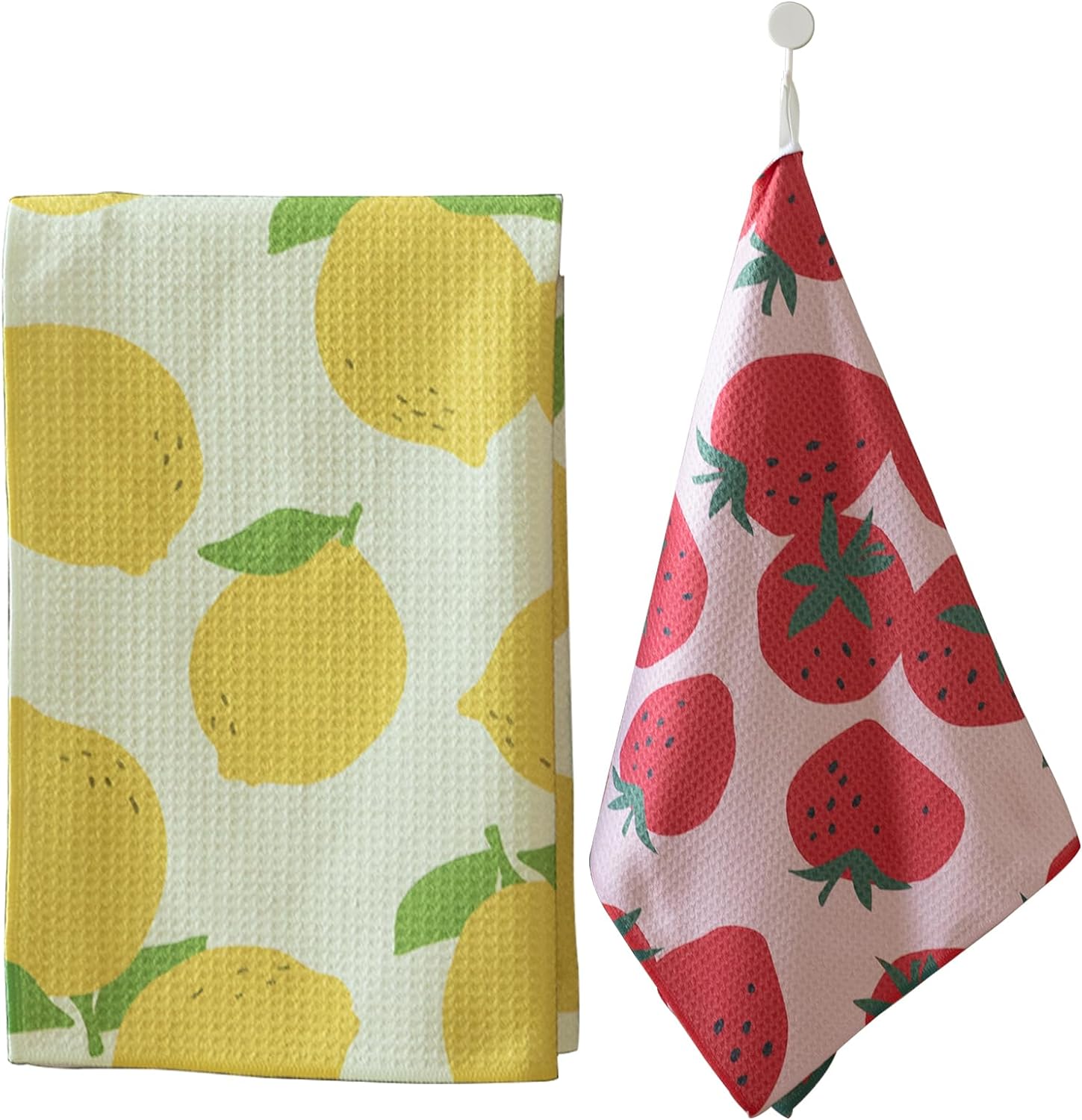 dish towels for kitchen drying - High Absorbency, Quick-Dry, Microfiber Kitchen Towels (18x30 Inches, 2-Pack Set), dish towels for kitchen with Hanging Loop (Strawberry and Lemon)